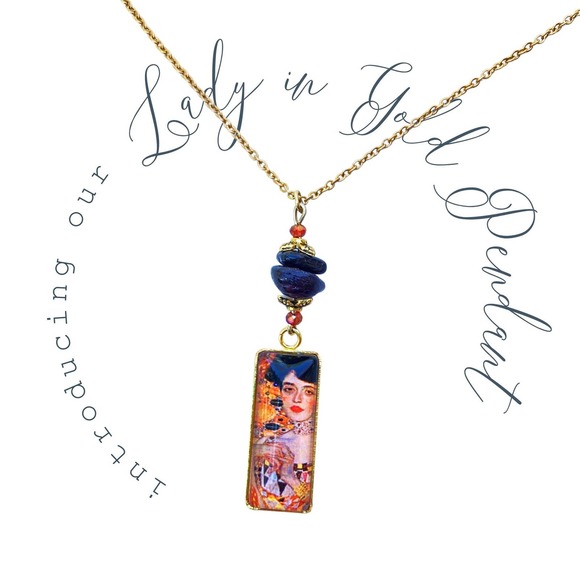 Lady in Gold Pendant Necklace Gustav Klimt Garnet Adele Face Cabochon Handmade - Picture 3 of 9